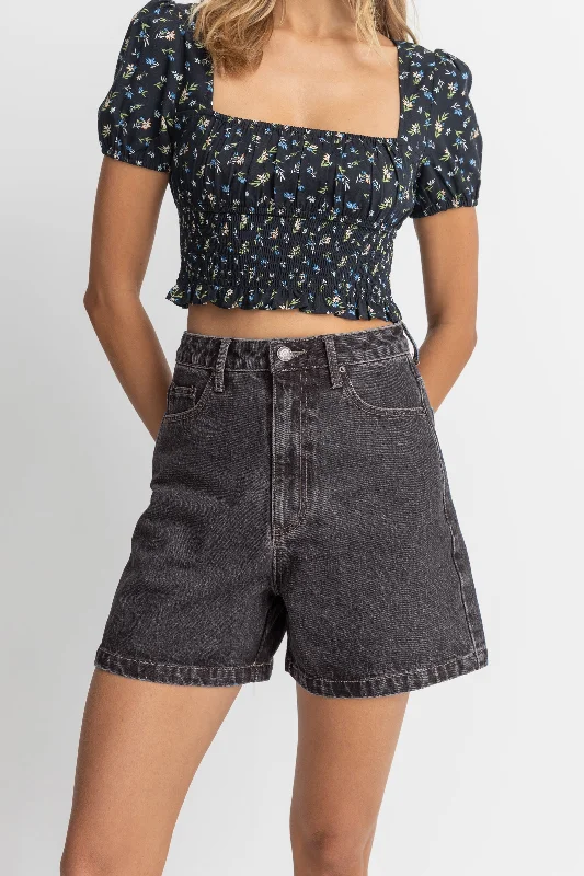 Ruffled Hem Women Shorts to Add a Feminine TouchEscape Denim Short Worn Black