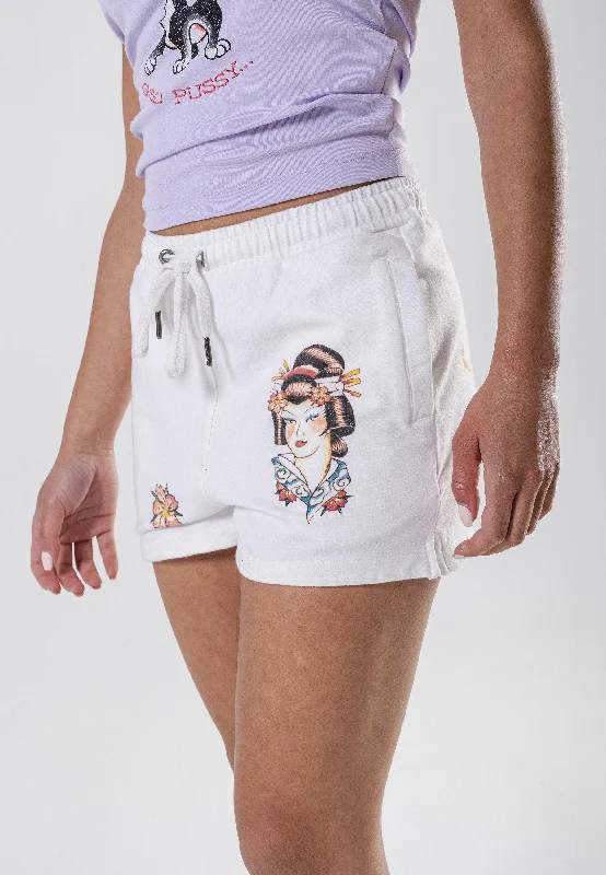 Cuffed Women Shorts for a Laid - Back and Trendy LookGeisha-Blossom Runner Short - Washed White Cuffed Women Shorts for a Laid - Back and Trendy LookGeisha-Blossom Runner Short - Washed White