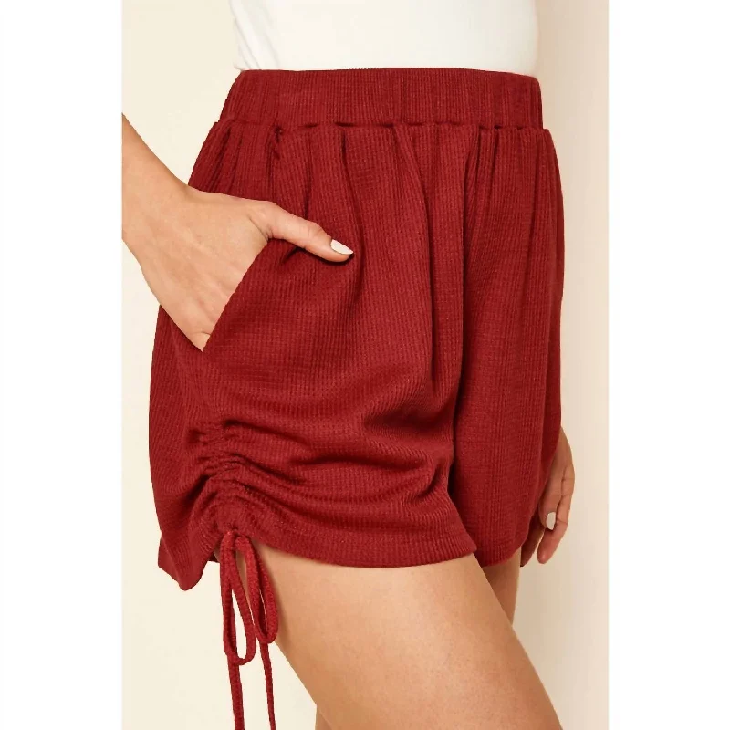 Tie - Waist Women Shorts for a Customizable FitGood Days Ruched Waffle Knit Shorts In Cherry Tie - Waist Women Shorts for a Customizable FitGood Days Ruched Waffle Knit Shorts In Cherry