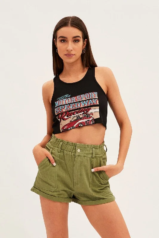 Belted Women Shorts to Enhance the WaistlineGreen Relaxed Shorts Paper Bag High Rise