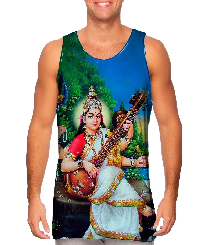 Plus Size Women's Side - Slit Tank Tops in Metallic ShadesIndia - "Goddess Saraswati" Plus Size Women's Side - Slit Tank Tops in Metallic ShadesIndia - "Goddess Saraswati"