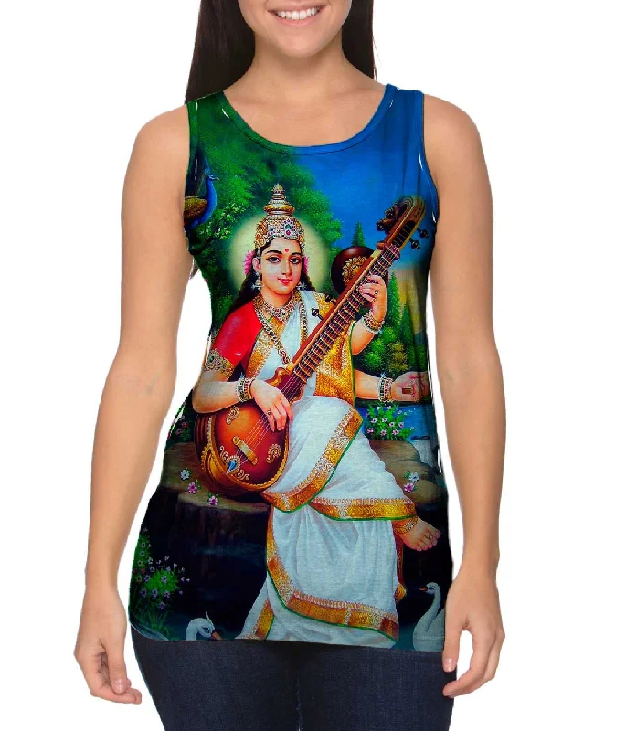 Halter Neck Women's Modal Blend Tank Tops for ComfortIndia - "Goddess Saraswati"