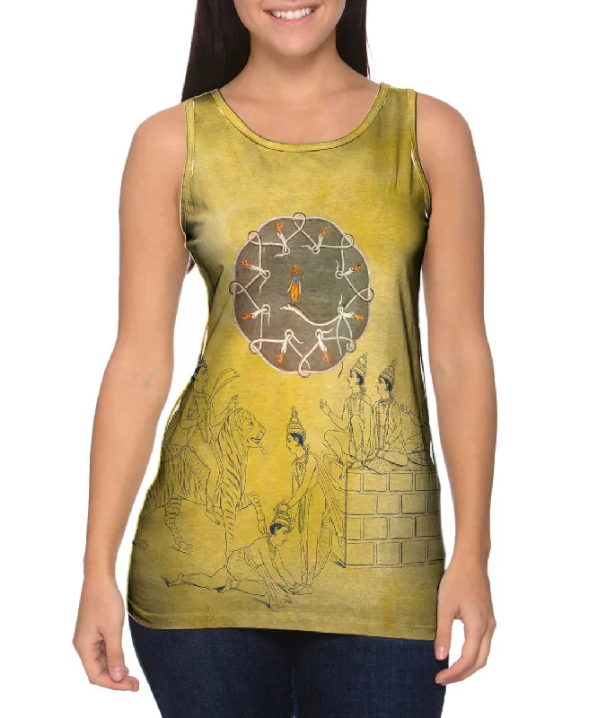 Scoop Neck Women's Linen Blend Tank Tops for SummerIndia - "Krishna And The Serpent Kaliya" Scoop Neck Women's Linen Blend Tank Tops for SummerIndia - "Krishna And The Serpent Kaliya"