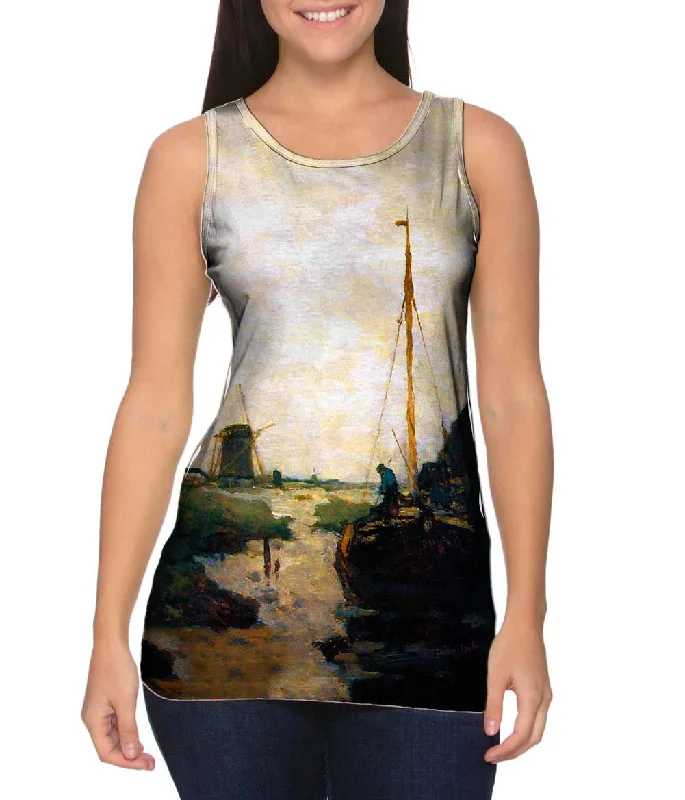 Women's Longline Tank Tops with Abstract PrintsJan Hendrik Weissenbruch - "Ship In Polder Canal" Women's Longline Tank Tops with Abstract PrintsJan Hendrik Weissenbruch - "Ship In Polder Canal"