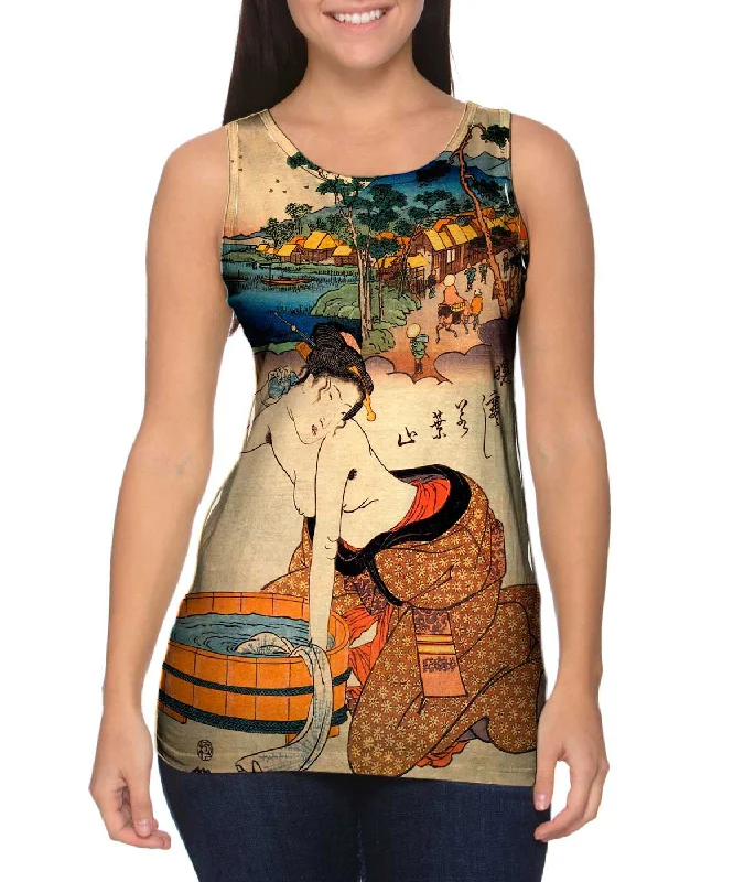 Plus Size Women's Ruffled Hem Tank Tops with Floral PrintsJapan - Keisai Eisen -"Woman Bath" Plus Size Women's Ruffled Hem Tank Tops with Floral PrintsJapan - Keisai Eisen -"Woman Bath"