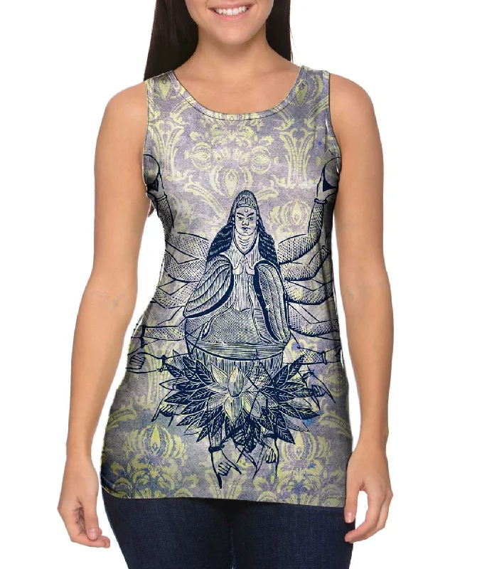 Plus Size Women's Side - Slit Tank Tops in Metallic ShadesJapan - "The Thousand Handed Quan Yin" Plus Size Women's Side - Slit Tank Tops in Metallic ShadesJapan - "The Thousand Handed Quan Yin"