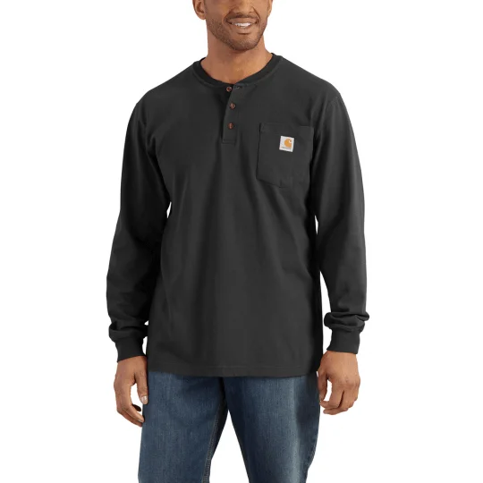 K128 - Loose fit heavyweight long-sleeve pocket Henley t-shirt - Black