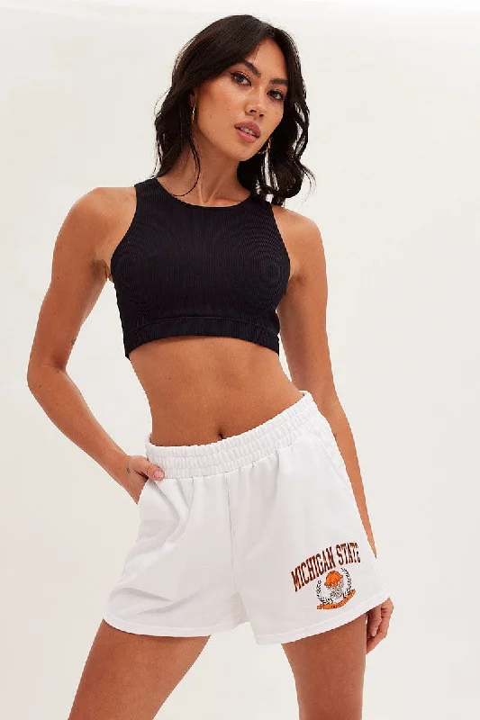 Leather Look Women Shorts for an Edgy and Chic StyleWhite Track Shorts Michigan State Graphic High Waist Leather Look Women Shorts for an Edgy and Chic StyleWhite Track Shorts Michigan State Graphic High Waist