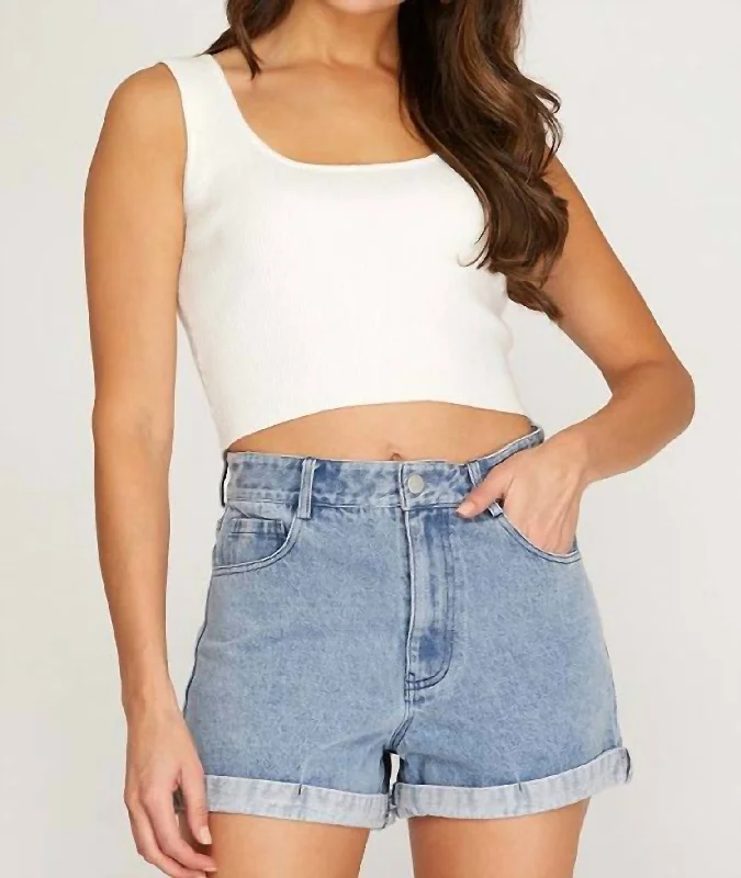 Elastic Waist Women Shorts for Easy Wear and ComfortWoven High-Waist Denim Shorts In Blue Elastic Waist Women Shorts for Easy Wear and ComfortWoven High-Waist Denim Shorts In Blue
